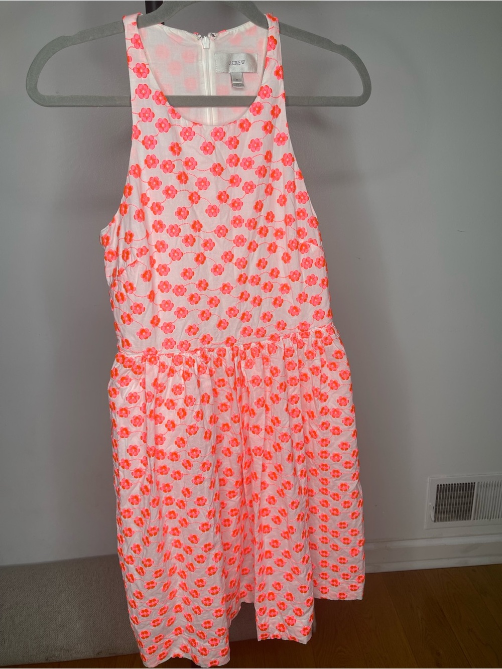 J. Crew White Dress with Neon Coral Daisy Print